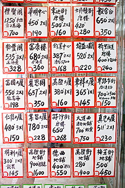 Property for Sale signs at S and B Properties agency in old Chinese district, Sheung Wan, Hong Kong Island, China