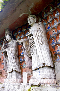 Dazu rock carvings of Buddha of Wisdom and Buddha of Great Sunlight at Mount Baoding, Chongqing, China