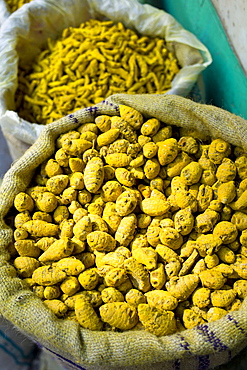 Yellow turmeric on sale at Khari Baoli spice and dried foods market, Old Delhi, India