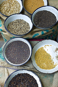 Peppercorns, fenugreek, mustard at Khari Baoli Spice and Dried Foods Market in Old Delhi, India