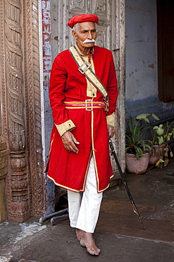 Hindu temple guard in holy city of Varanasi, Benares, India