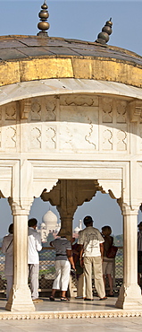 Taj Mahal from Khas Mahal Palace built 17th Century by Mughal Shah Jehan for his daughters at Agra Fort, India