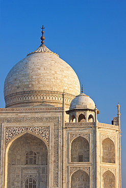 Iwans of The Taj Mahal mausoleum, western view detail diamond facets with bas relief marble, Uttar Pradesh, India