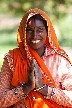 Indian woman villager at farm smallholding at Sawai Madhopur near Ranthambore in Rajasthan, Northern India