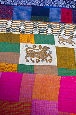 Indian patchwork quilt with tiger motif at Dastkar women's craft co-operative, the Ranthambore Artisan Project, Rajasthan, India