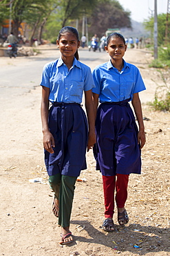 Indian schoolgirls in school uniform at Sawai Madhopur in Rajasthan, Northern India