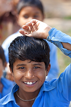 Indian schoolboy attending school at Doeli in Sawai Madhopur, Rajasthan, Northern India