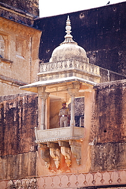 Armed guard soldier at The Amber Fort a Rajput fort built 16th Century in Jaipur, Rajasthan, Northern India