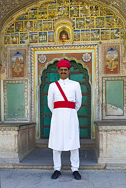 Ceremonial Guard at Samode Haveli luxury hotel, former merchant's house, in Jaipur, Rajasthan, Northern India