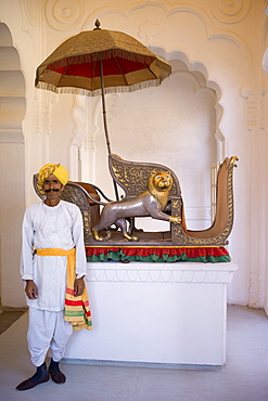 Hindu ceremonial guard with elephant howdah 20th Century exhibit at Mehrangarh Fort at Jodhpur, Rajasthan, Northern India