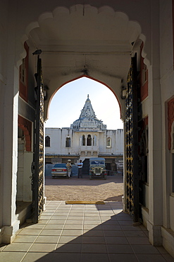 Rohet Garh fortress palace hotel with battlement walls with drawings of aristocratic ancestors Rohet, Rajasthan, Northern India