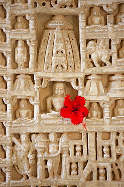 White marble religious icon carvings at The Ranakpur Jain Temple at Desuri Tehsil in Pali District of Rajasthan, India