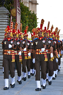 Jai Mewar ceremonial guard of 76th Maharana of Mewar, His Highness Shriji Arvind Singh Mewar of Udaipur, at the City Palace, Rajasthan, India