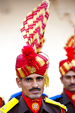 Jai Mewar ceremonial guard of 76th Maharana of Mewar, His Highness, Shriji Arvind Singh Mewar of Udaipur, at the City Palace, Rajasthan, India