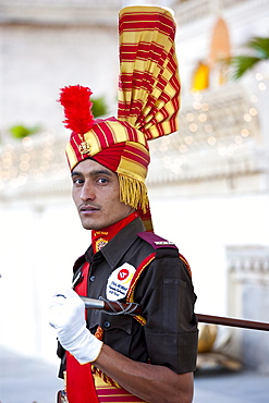 Ceremonial guard Jai Mewar of 76th Maharana of Mewar, His Highness, Shriji Arvind Singh Mewar of Udaipur, at the City Palace, Rajasthan, India