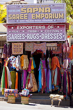 Traditional clothing on sale at Sapna Saree Emporium  in City Palace Road, Udaipur, Rajasthan, Western India