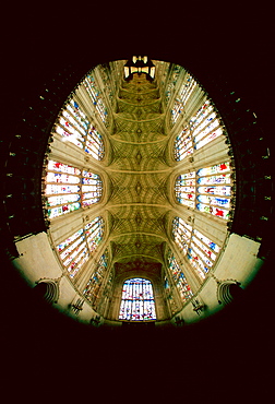 Fish eye view of the stained glass windows and roof of King's College Chapel, Cambrige, England