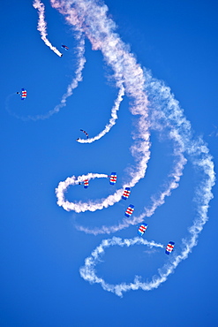 RAF Falcons freefall parachute team taking part in air display at RAF Brize Norton Air Base, UK