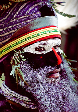 Bearded tribesman wearing war paints and feathered headdress during  a gathering of tribes at Mount Hagen in Papua New Guinea