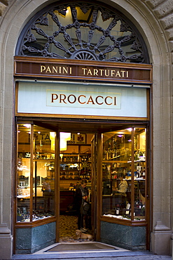 Window display of high class Procacci bar and coffee shop selling panini and tartufati in Via Tornabuoni, in Florence,Tuscany, Italy