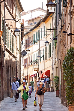 Street scene in ancient hill town of Montalcino in Val D'Orcia, Tuscany, Italy