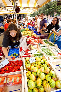 Woman selling fresh fruit at weekly street market in Panzano-in-Chianti, Tuscany, Italy