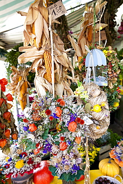 Dried flowers at traditional outdoor Christmas market at Viktualienmarkt  in Munich, Bavaria, Germany