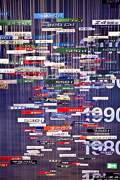 BMW series badges and nameplates in hanging display  at the BMW Museum and Headquarters in Munich, Bavaria, Germany