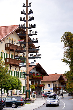 Maypole of rural pastoral and trades scenes at Grassau in Baden-Wurttenberg, Bavaria, Germany