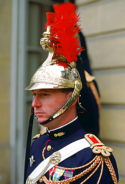 A ceremonial guard at the Elysee Palace in Paris, France.