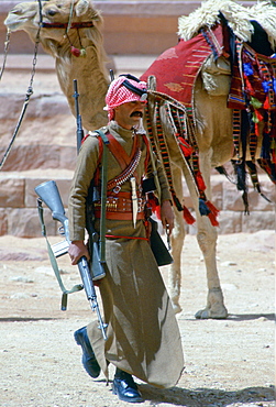 Camel Corps soldier carrying his rifle in Petra, Jordan.