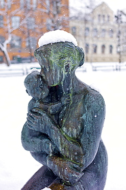 Bronze statue of madonna and child in Tromsoya, Tromso,  Arctic Circle in Northern Norway