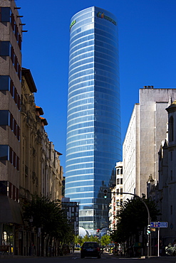 Iberdrola Tower, Torre Iberdrola, offices of Iberdrola Basque utility company near traditional architecture in Bilbao, Spain