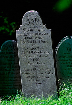 Gravestone aged with lichens in the churchyard graveyard at Landewednack, Cornwall, England, United Kingdom