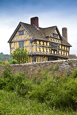 The timber-framed gatehouse of Stokesay Castle medieval manor, in Shropshire, England