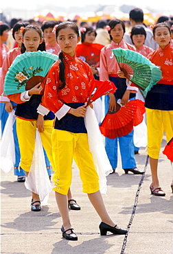 Chinese traditional dancers with fans in Shanghai, China