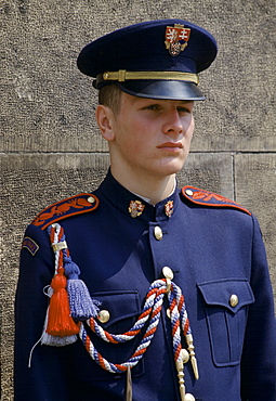 Military guard in ceremonial uniform at Prague Castle in Prague, Czech Republic, Czechoslovakia