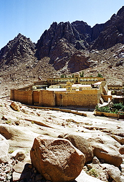 St Catherine's Monastery at foot of Mount (Mount el-Deir), also Mount Sinai, in Sinai Desert in Egypt