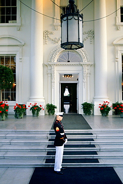 Military guard at the White House steps in Washington DC, USA.