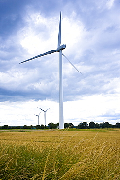 Wind turbines for wind power in meadow in rural Normandy, France