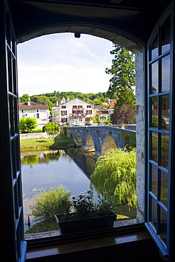 View of town of Bourdeilles, popular as a tourist destination near Brantome in Northern Dordogne, France