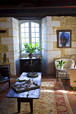 Salon in French hotel, Hostellerie Les Griffons, in Bourdeilles near Brantome in Northern Dordogne, France