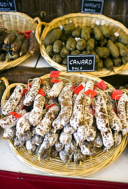 Duck sausage, saucisson canard, on sale in Brantome in North Dordogne, France