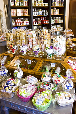 Artisan soaps on sale at Martin de Candre specialist savon shop Mestre at Fontevraud L'Abbaye, Loire Valley, France