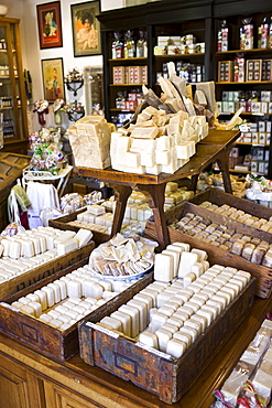 Artisan soaps on sale at Martin de Candre specialist savon shop Mestre at Fontevraud L'Abbaye, Loire Valley, France