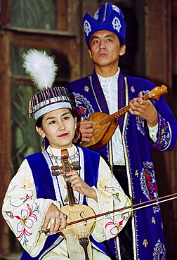 Musicians entertaining at a traditional cultural performance in Almaty, Kazakstan