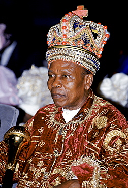 Nigerian chief wearing jewel crown at tribal gathering cultural event at Port Harcourt in Nigeria, West Africa