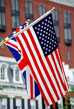 British Union Jack flag alongside American Stars and Stripes flag signifying detente and special relationship, Washington DC, USA