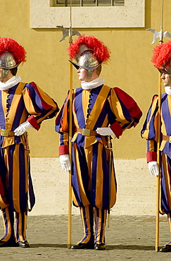 Swiss ceremonial guards in traditional striped uniforms at the Vatican, Vatican city