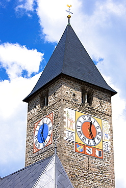 Clock tower of Klosters church in Graubunden region of Switzerland, Europe